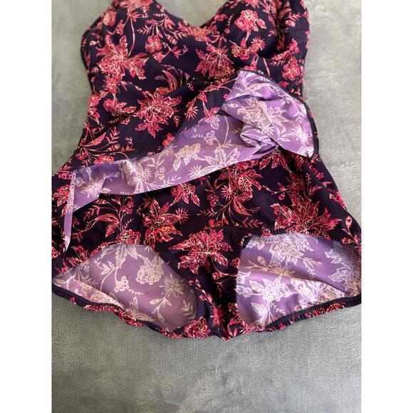 Lands End Red Floral Print Ruched V Neck Adjustable Straps Tankini Top Swimwear - Picture 3 of 5